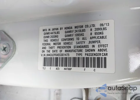 2014 Acura Tsx 2.4 z USA, uszkodzony, nr VIN JH4CU2F6XEC001475